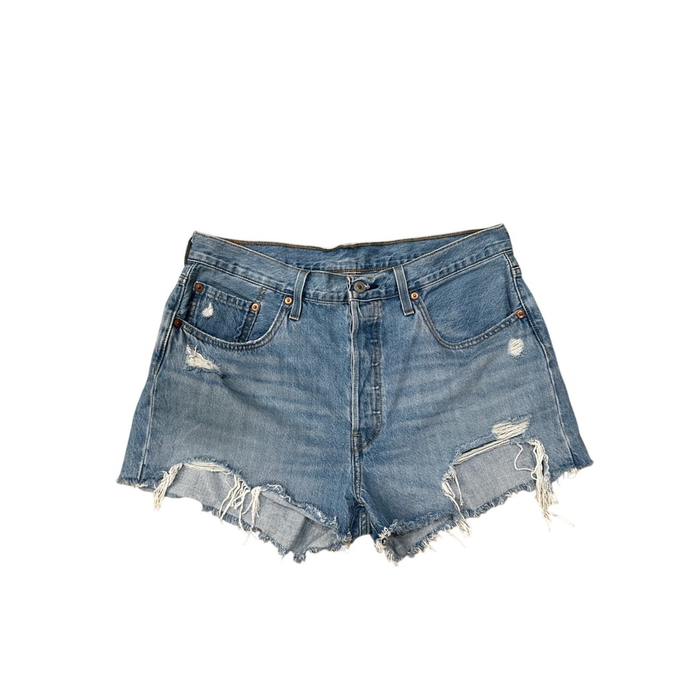 Levis 501 Original High Rise Distressed Denim Shorts Medium Wash Blue Womens 34